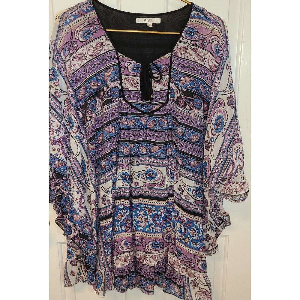 Analili Bohemian dolman sleeve tunic top blue and purple paisley floral Large